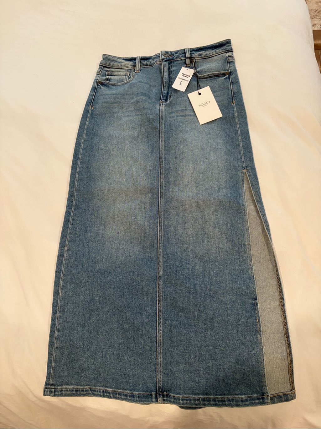 Straight Denim Maxi Skirt With Side Slit - Blue